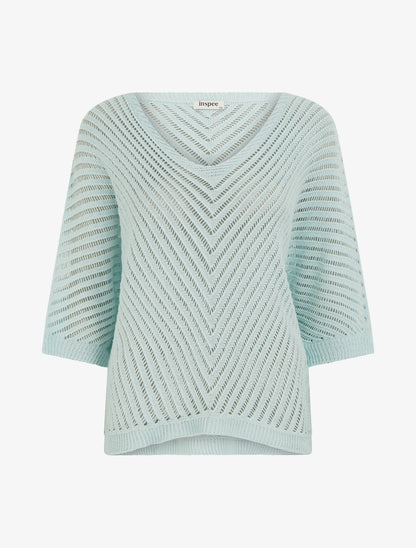 Pull ajouré à manches courtes chauve-souris - Bleu ciel - 1