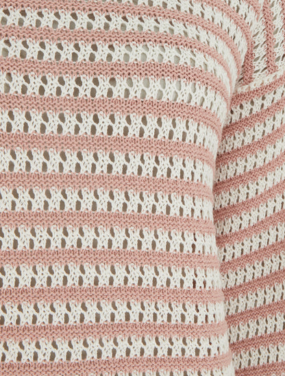 Pull droit à rayures ajourées - Rose - 3