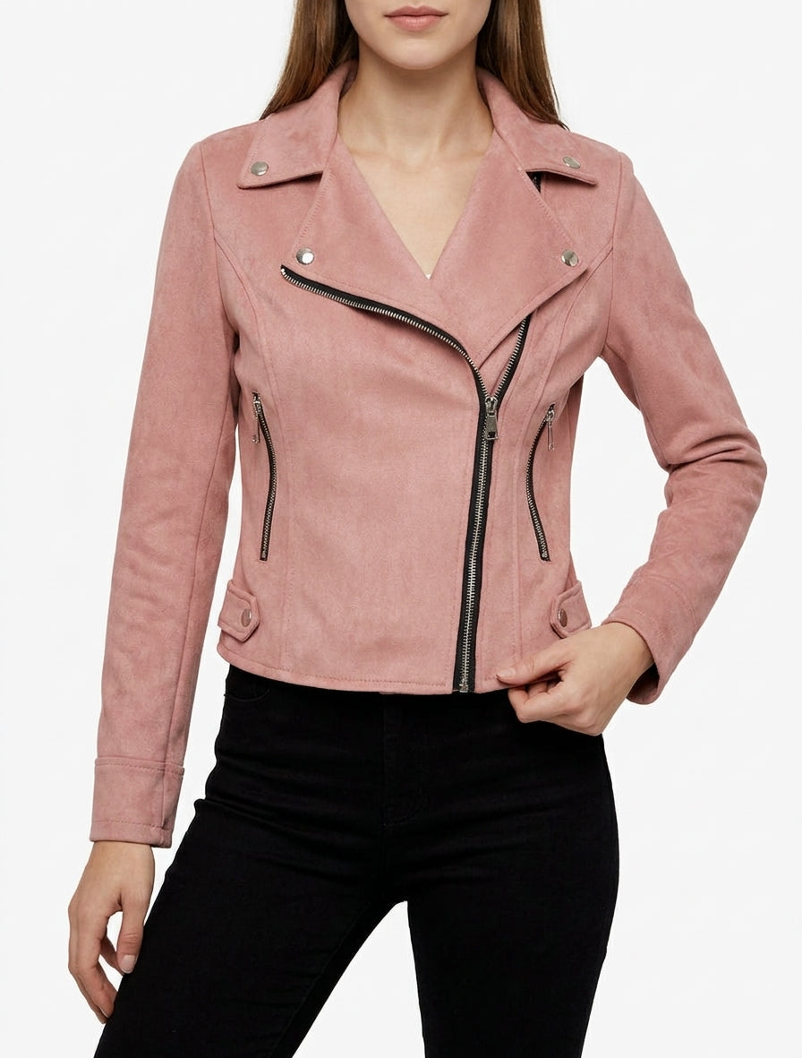 Veste en suédine style perfecto - Vieux rose