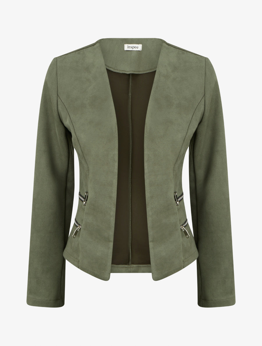 Veste en suédine à poches décoratives zippées - Kaki - 1