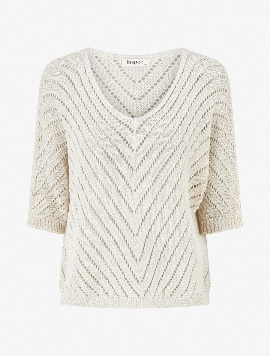 Pull en maille légère à col V - Beige
