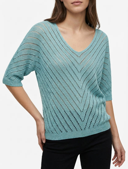 Pull ajouré en maille à col V - Turquoise