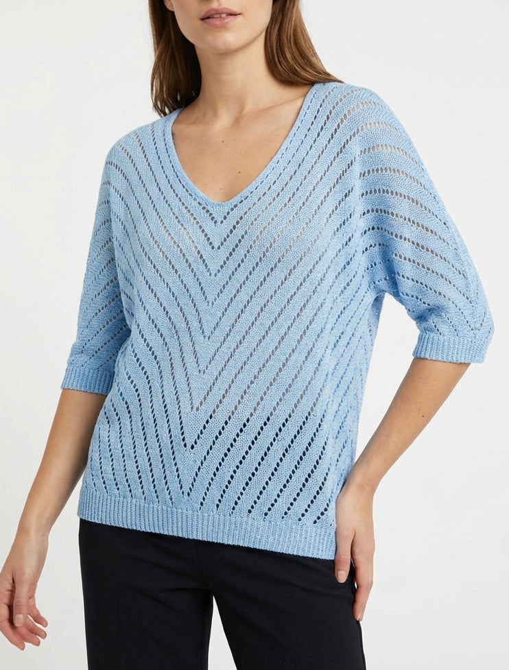 Pull en maille légère à col V - Bleu ciel