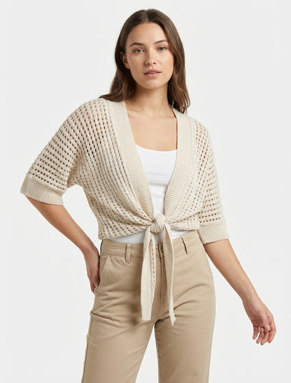 Gilet ajouré à nouer - Beige