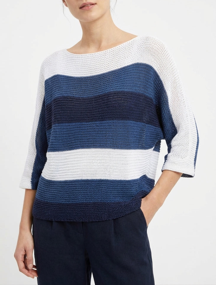 Pull ample à rayures et manches 3/4 - Marine