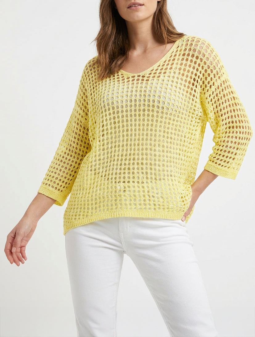 Pull uni ajouré à manches courtes - Jaune