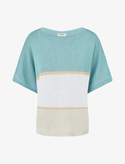 Pull rayé fin à manches courtes - Turquoise - 1