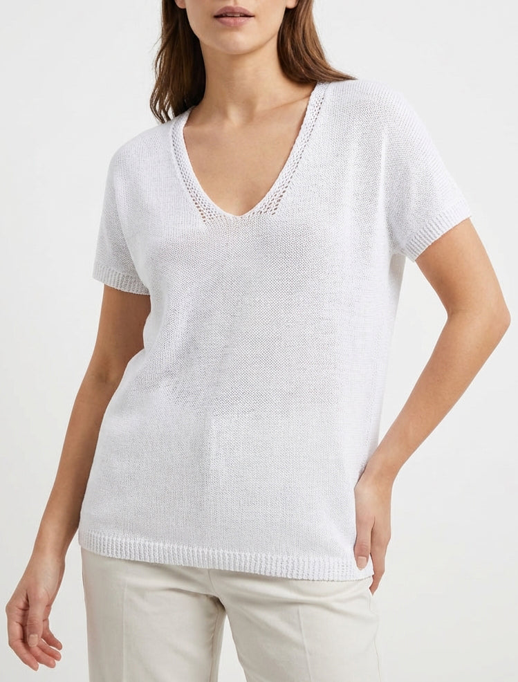 Top droit en maille à manches courtes - Blanc