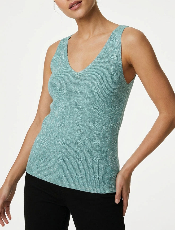 Top uni irisé en maille - Turquoise