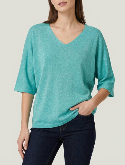 Pull fin irisé à manches 3/4 - Turquoise