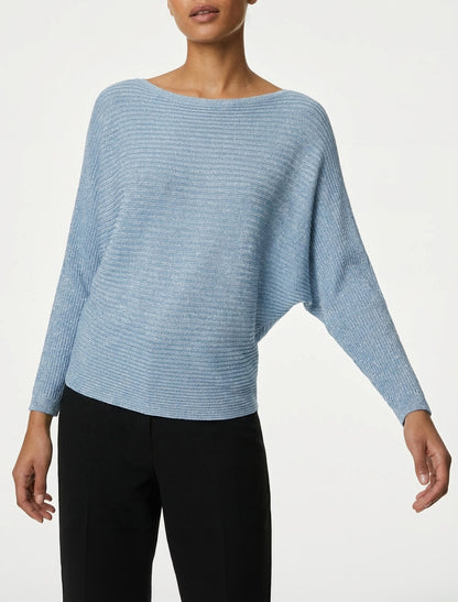 Pull fin irisé à manches longues chauves-souris - Bleu ciel