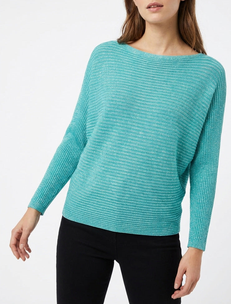 Pull fin irisé à manches longues chauves-souris - Turquoise
