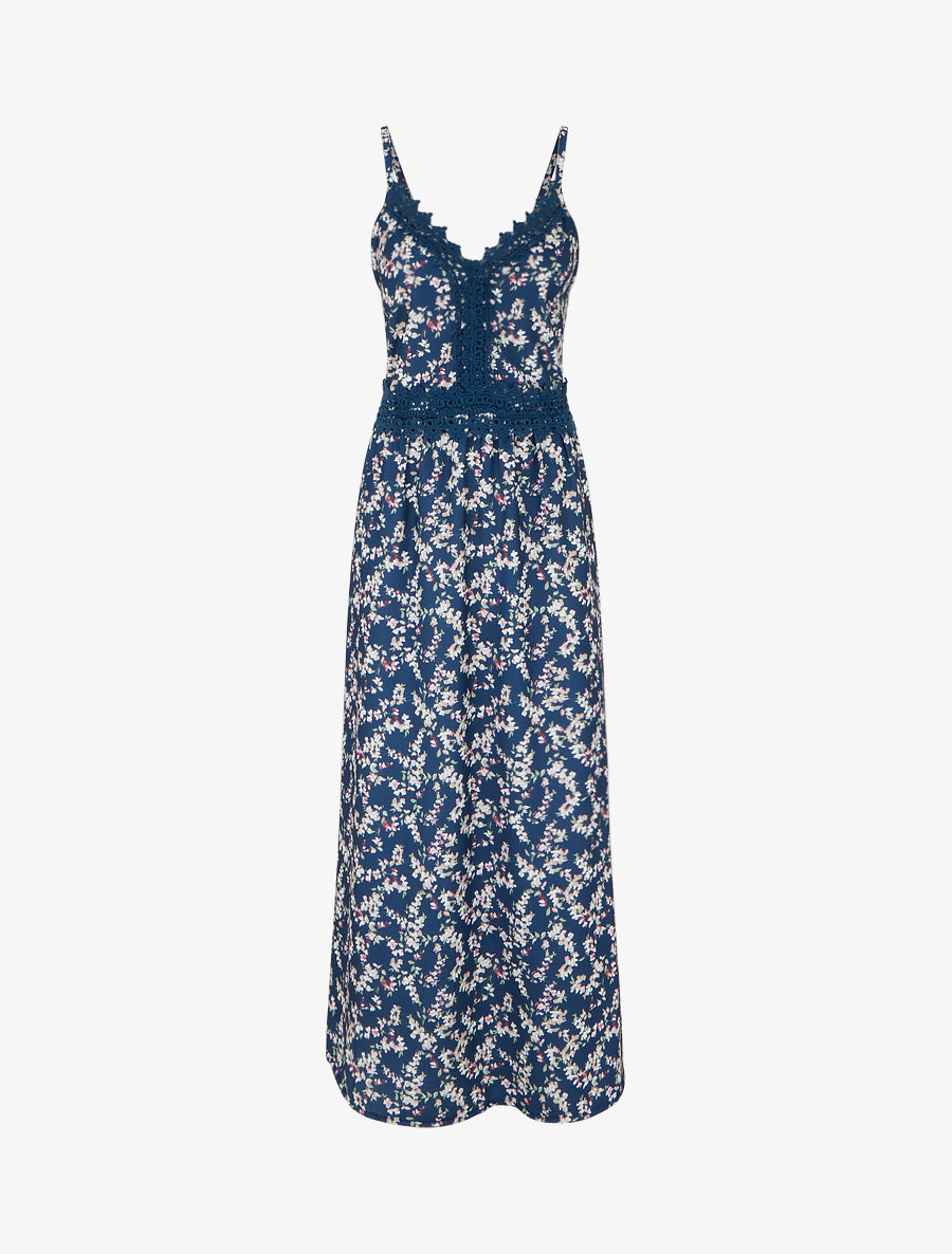 Robe longue fleurie à dos élastiqué - Marine - 1
