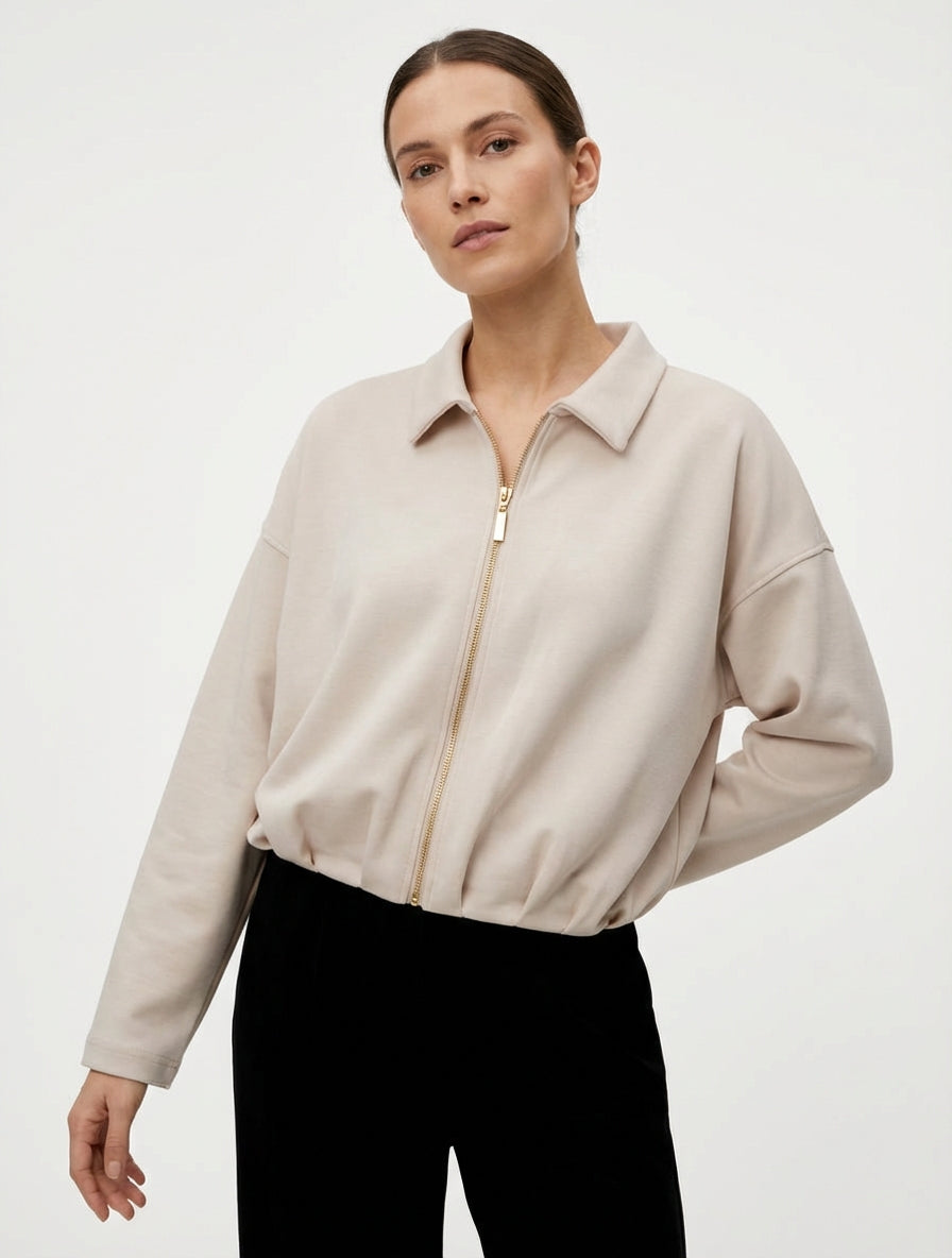 Veste coupe boule zippée effet froncé - Beige