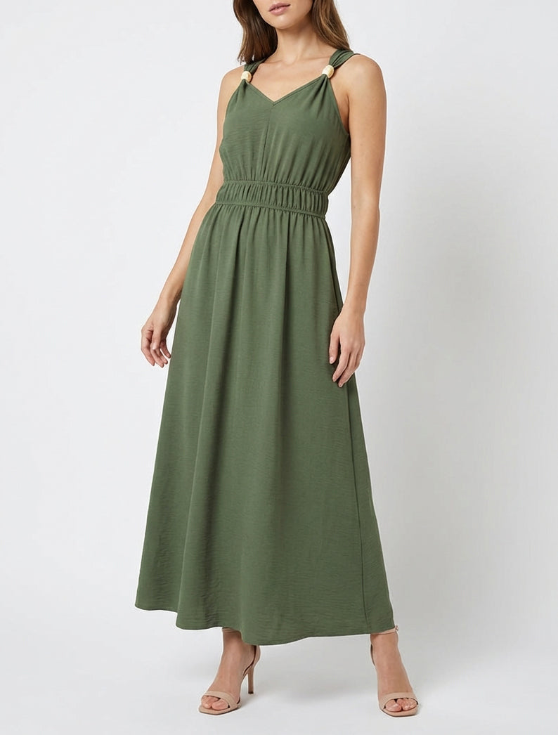 Robe unie à empiècement perles en bois - Kaki