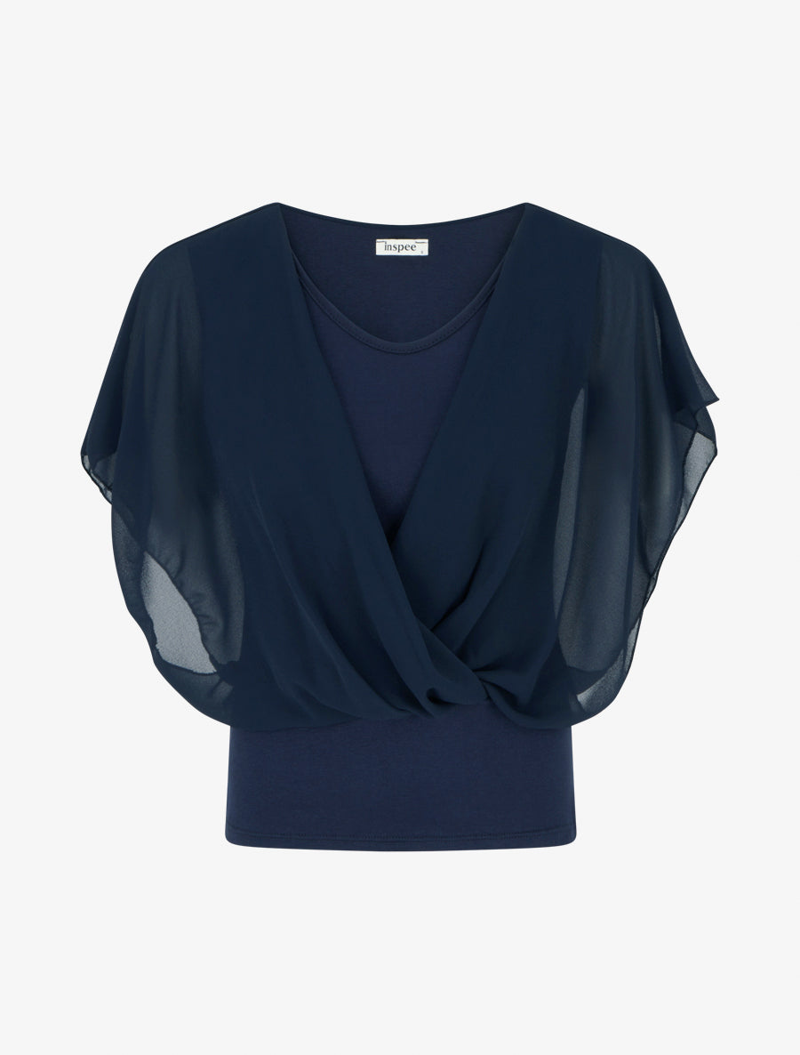 Top uni à manches volantées - Bleu nuit - 1