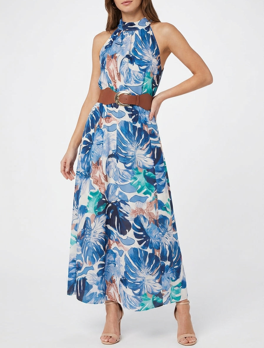 Robe longues sans manches imprimé tropical - Marine