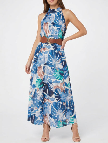 Robe longues sans manches imprimé tropical - Marine