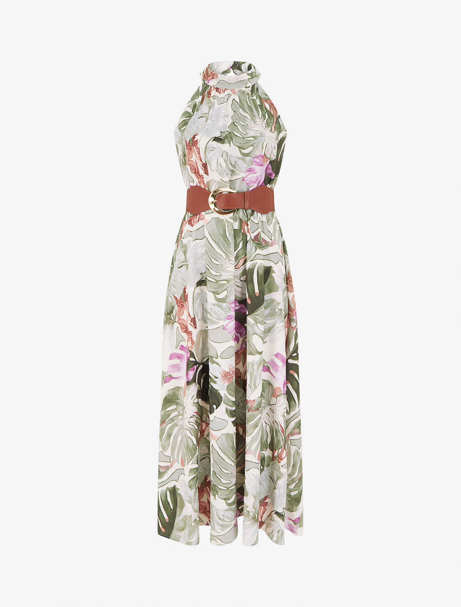 Robe longues sans manches imprimé tropical - Kaki - 1