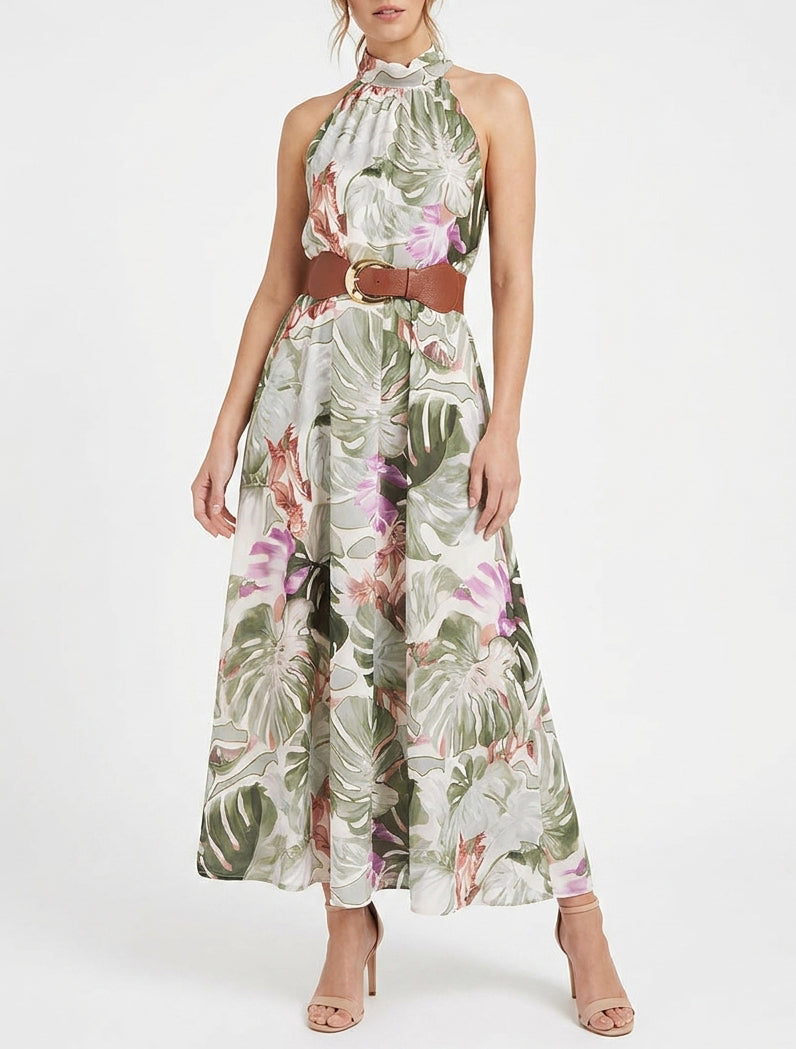 Robe longues sans manches imprimé tropical - Kaki