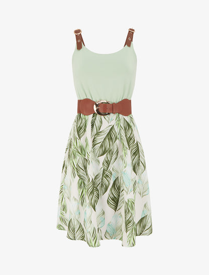 Robe mi-longue imprimée à bretelles en simili - Vert d&