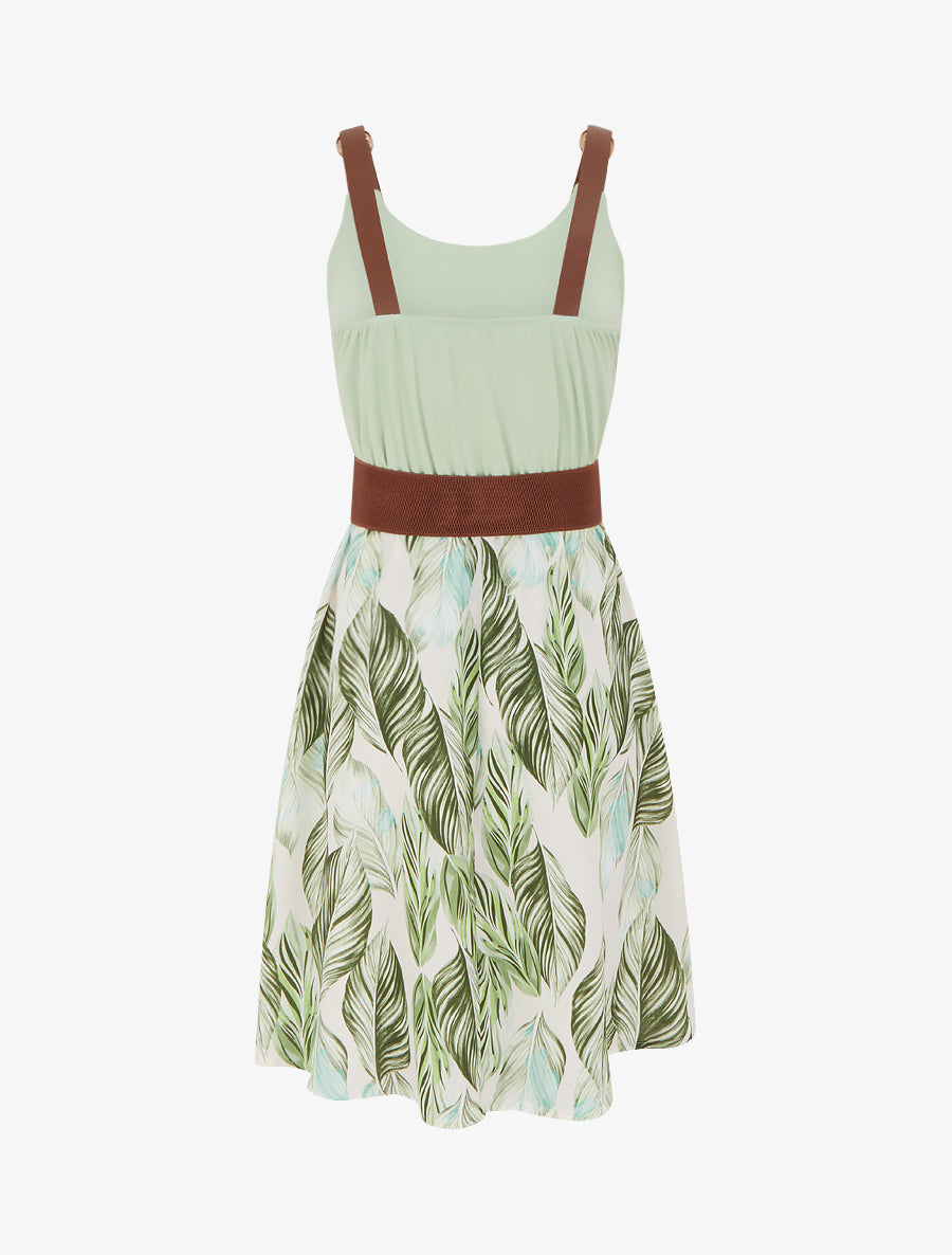 Robe mi-longue imprimée à bretelles en simili - Vert d&