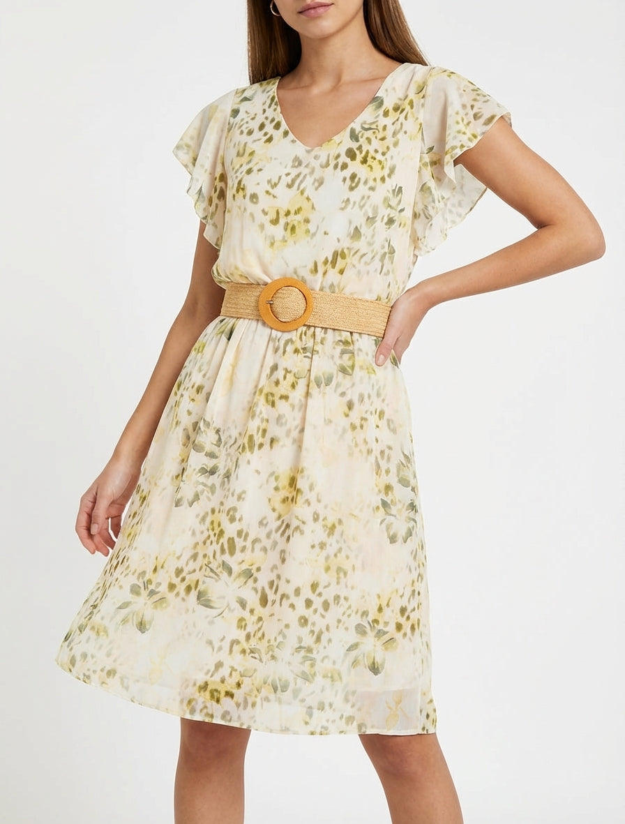 Robe à mancherons volantés imprimé léopard et fleurs - Kaki
