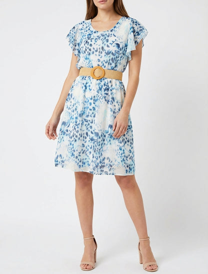 Robe à mancherons volantés imprimé léopard et fleurs - Marine