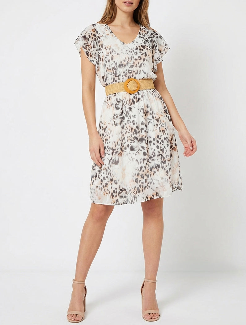 Robe à mancherons volantés imprimé léopard et fleurs - Noir