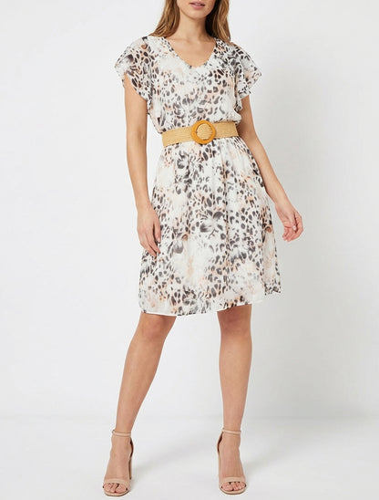 Robe à mancherons volantés imprimé léopard et fleurs - Noir
