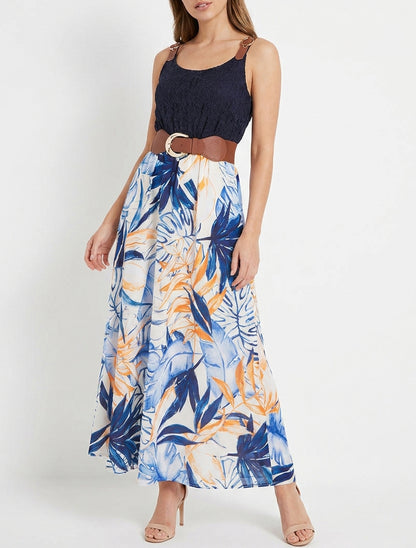 Robe longue à imprimé tropical et bretelles simili - Marine