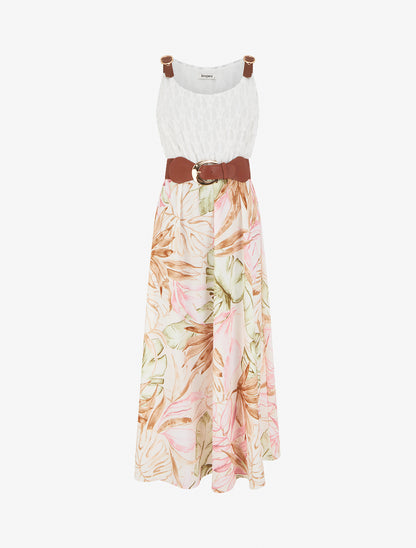 Robe longue à imprimé tropical et bretelles simili - Beige - 1