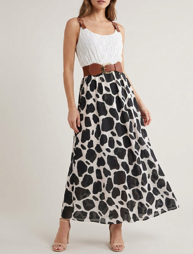 Robe longue à imprimé girafe et bretelles simili - Noir