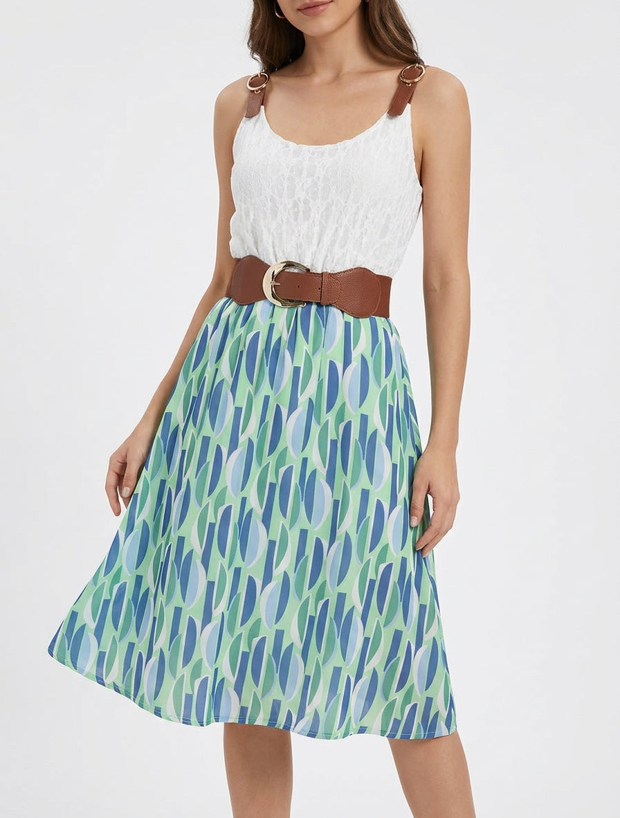 Robe mi-longue imprimé graphique et bretelles simili - Vert d&