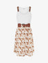 Robe mi-longue imprimé ginkgo et bretelles simili - Marron - 1