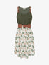 Robe mi-longue imprimé ginkgo et bretelles simili - Kaki - 1