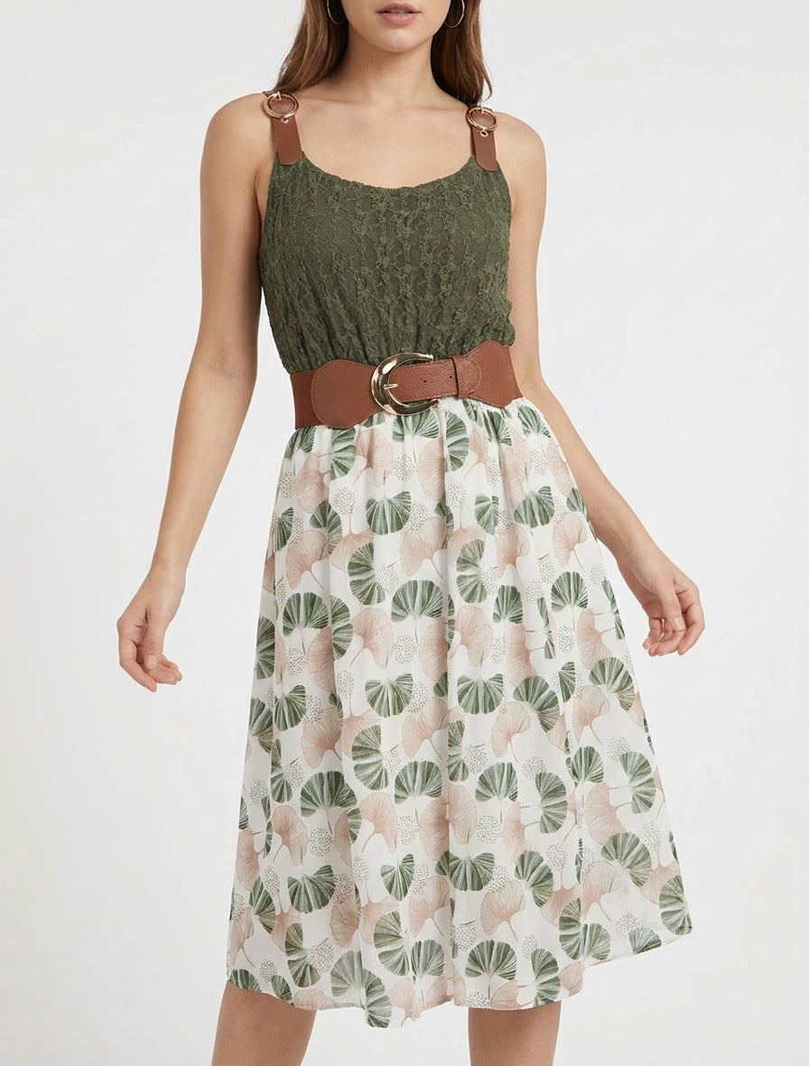 Robe mi-longue imprimé ginkgo et bretelles simili - Kaki