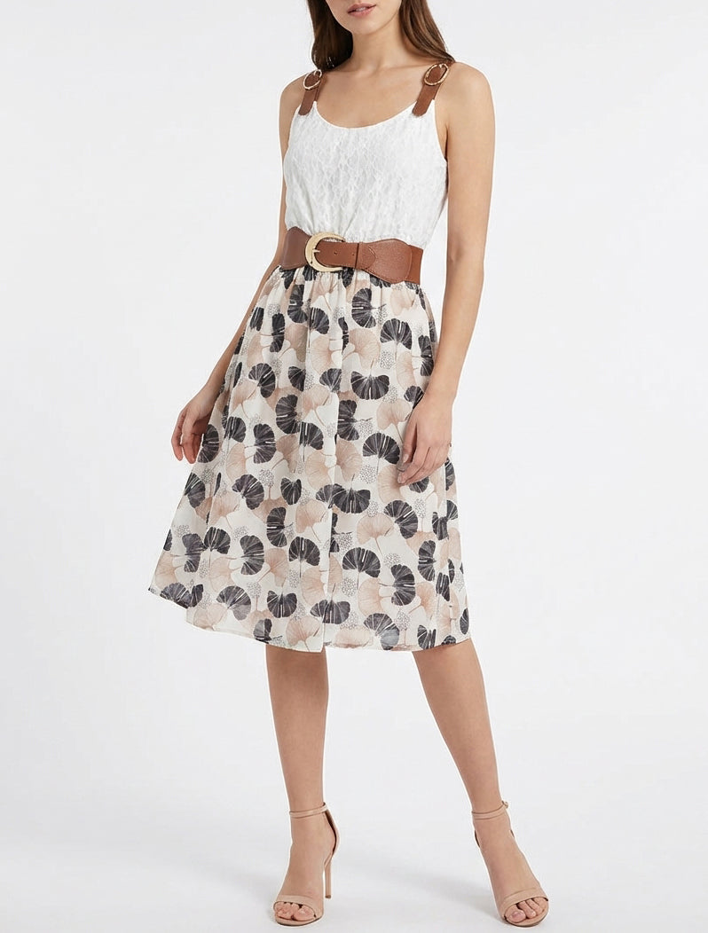 Robe mi-longue imprimé ginkgo et bretelles simili - Noir