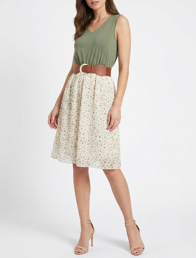Robe coupe évasée imprimé pois fantaisies - Kaki
