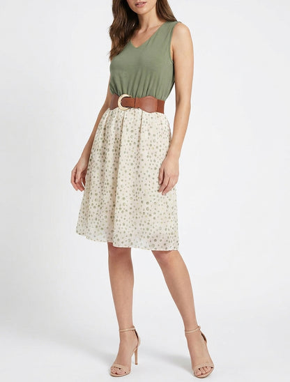 Robe coupe évasée imprimé pois fantaisies - Kaki