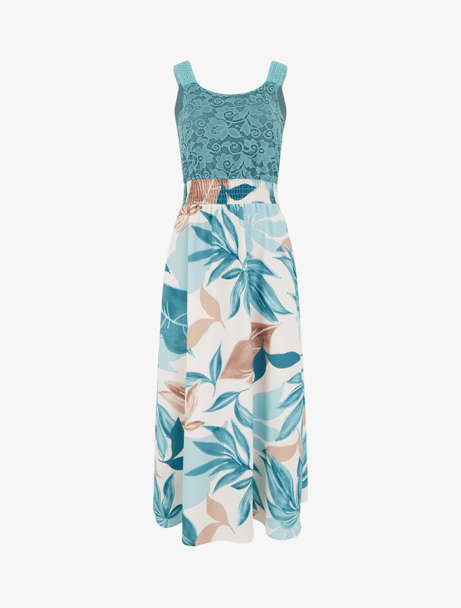 Robe imprimé fantaisie à bretelles en crochet - Turquoise - 1