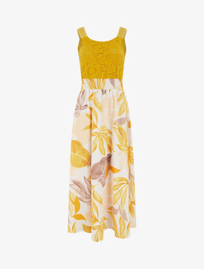 Robe imprimé fantaisie à bretelles en crochet - Jaune moutarde - 1