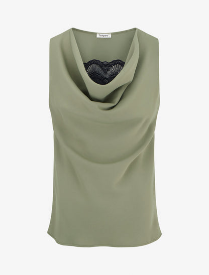 Top sans manches à col bénitier et dentelle - Kaki - 1