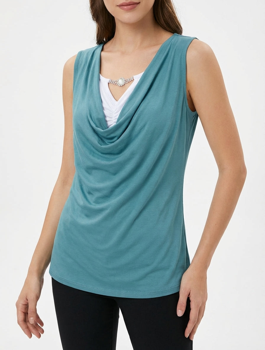 Top sans manches effet superposé à bijou - Bleu clair
