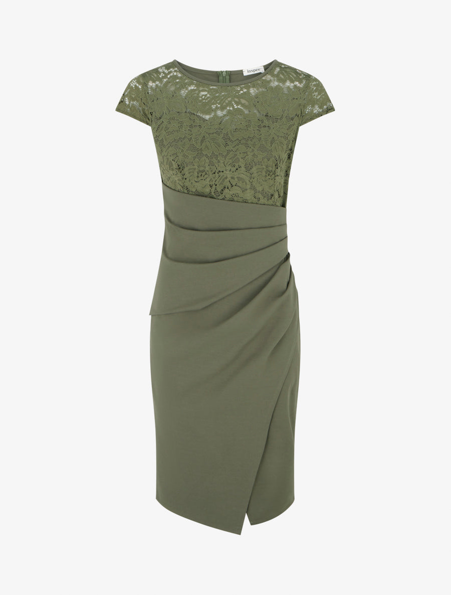Robe ajustée à dentelle et drapé - Kaki - 1