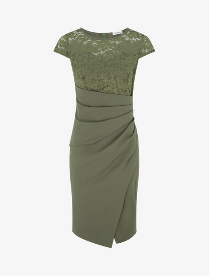 Robe ajustée à dentelle et drapé - Kaki - 1