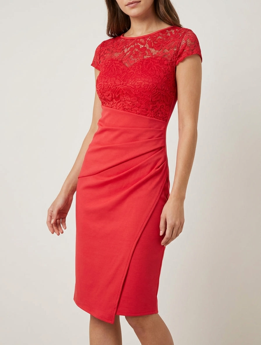 Robe ajustée à dentelle et drapé - Rouge