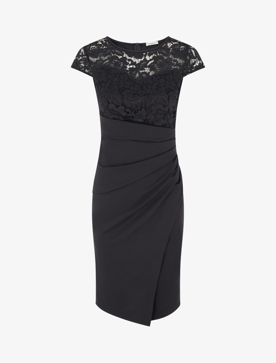 Robe ajustée à dentelle et drapé - Noir - 1