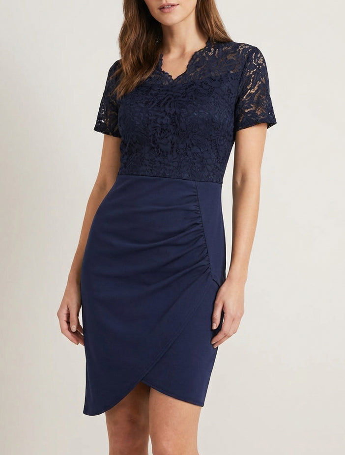 Robe ajustée à manches courtes et dentelle - Marine