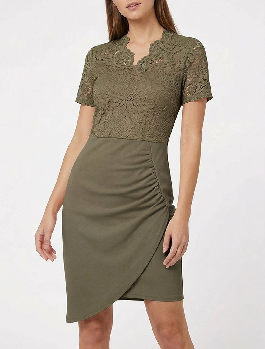 Robe ajustée à manches courtes et dentelle - Kaki